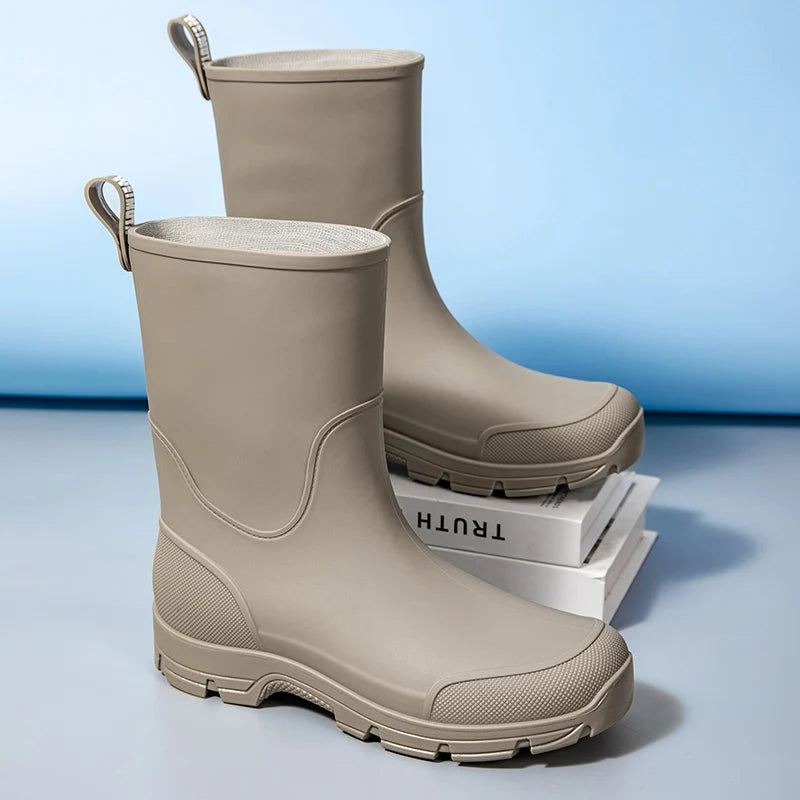 Women's Rain Boots. Fashionable for Outdoor Wear. Waterproof. Mid-calf. Large Sizes Available. Slip-resistant. Thick-sole. Suita