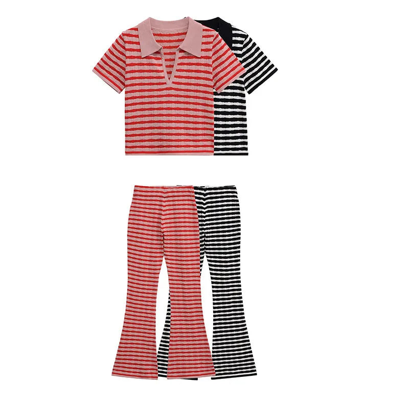 Summer polo collar stripe knit t shirts women 2 pc sets short sleeve knitwear casual high waisit wide leg pants suits female
