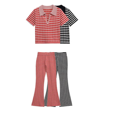 Summer polo collar stripe knit t shirts women 2 pc sets short sleeve knitwear casual high waisit wide leg pants suits female