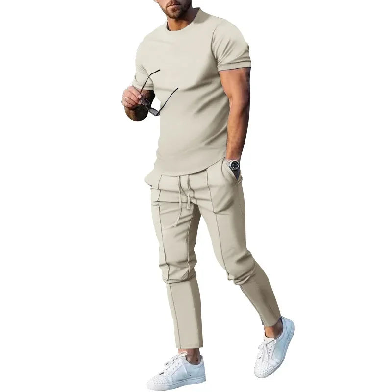 Mens Suit Summer Two-piece Suit Short-sleeved T-shirt Casual Fashion Trousers Sets for Men