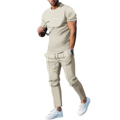 Mens Suit Summer Two-piece Suit Short-sleeved T-shirt Casual Fashion Trousers Sets for Men