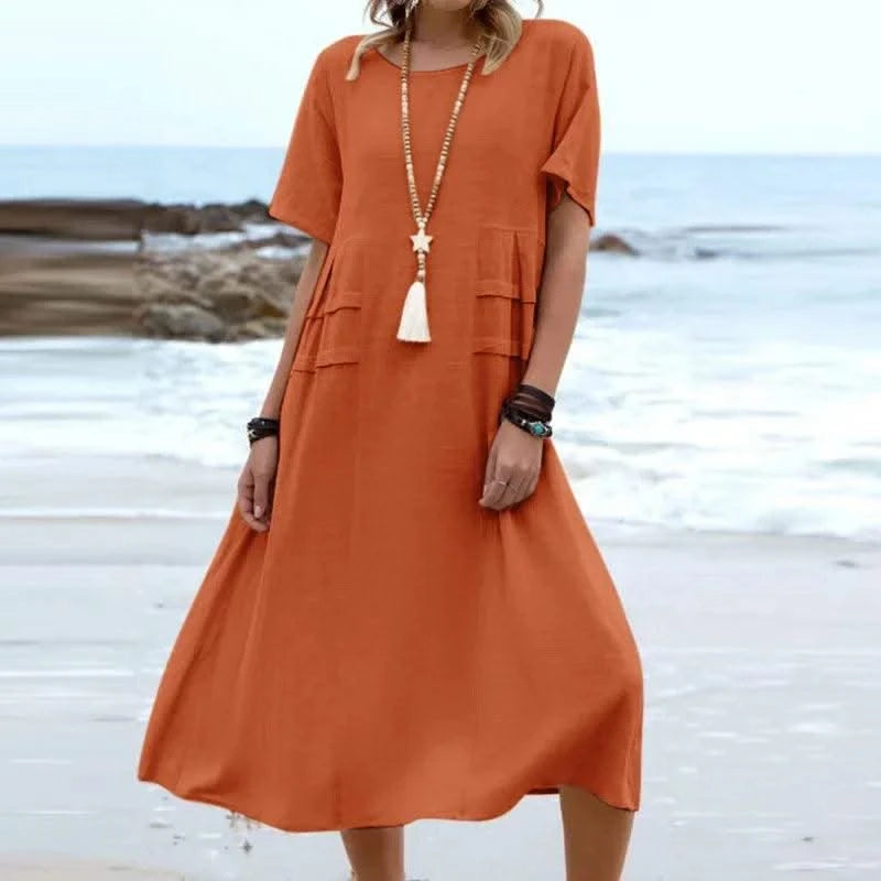 2025 Summer Fashion New Women's Elegant Long Cotton and Hemp Dress Round Neck Vacation Short Sleeve Medium Long Dress
