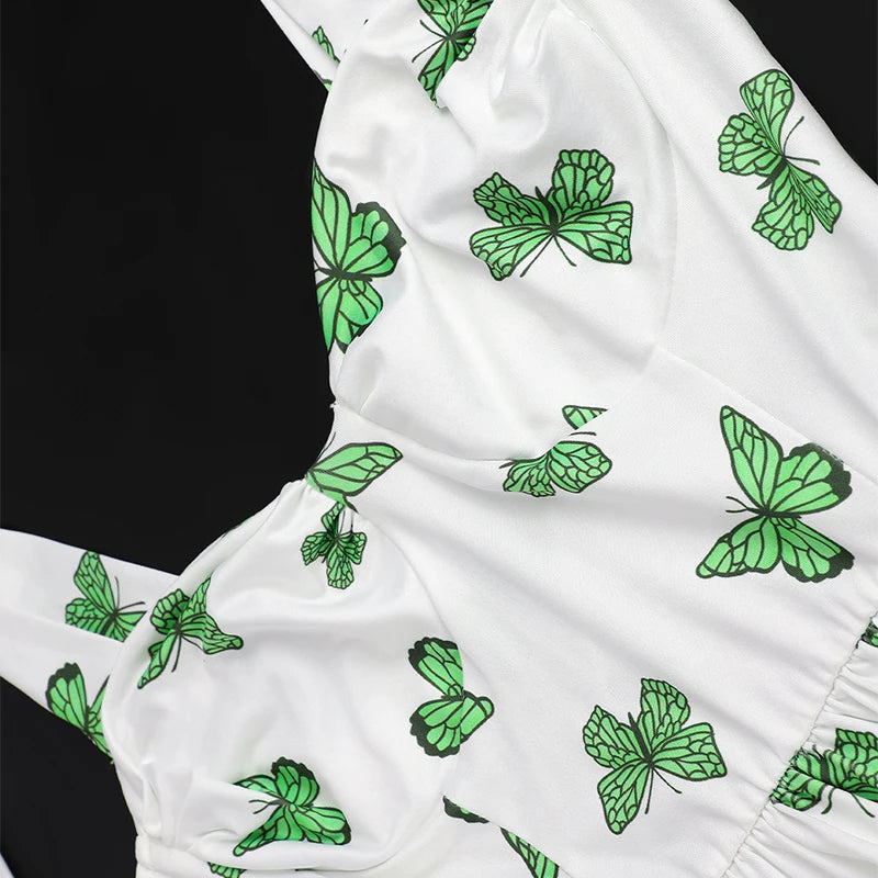 Summer New Women Dresses Streetwear Fashion Butterfly Print V-Neck Dress Sexy Female Backless Knitted Dress Casual Slim Clothing