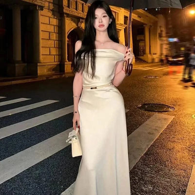 Satin Sexy Off Shoulder Dress Women Pink Skinny Elegant Soft Dress Classic Fashion Party Evening Gown Sleeveless Lady Vestidos