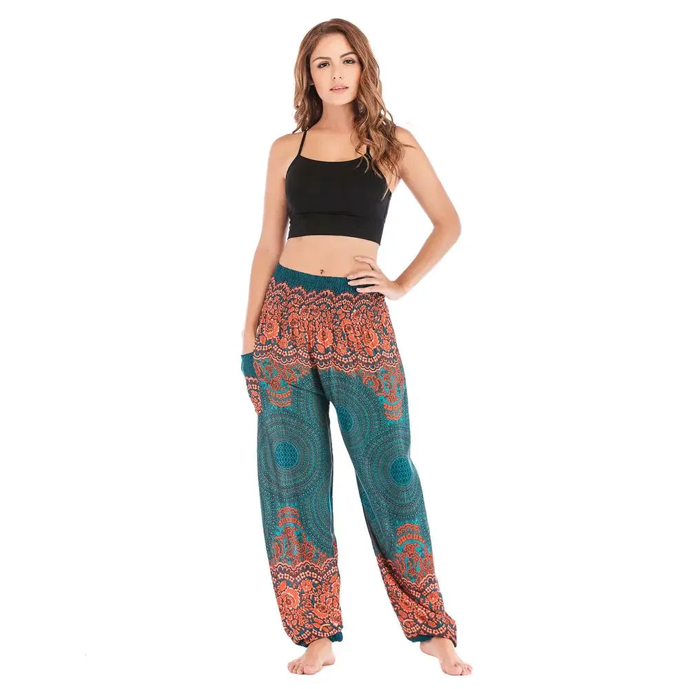 Women's Yoga Pants Printed Ethnic Style Loose Yoga Trousers Bloomers High Waist Fitness Sports Crotch Dance Palazzo Sweatpants