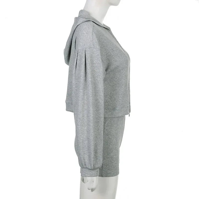 Solid Sport 3 Piece Set Crop Vest Hoodie Tracksuit Women Casual Sweatshirt Coat Mini Short Matching Set Sportswear 3 PCS Outfit