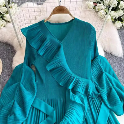 Women's V Neck Ruffles Splice Lantern Sleeve High Stretch Oversized Dresses Miyake Maxi Pleated 2025 Spring Long Party Clothing