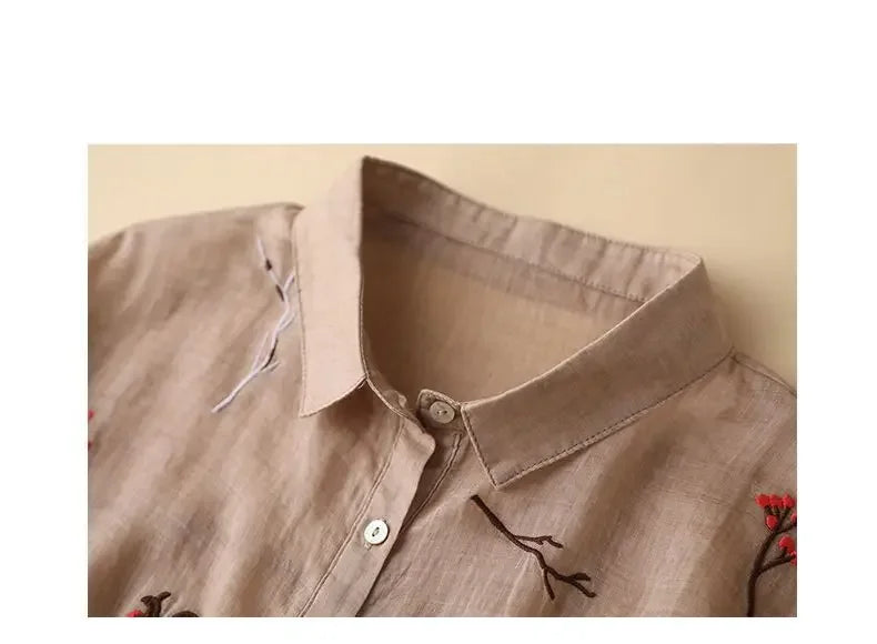 Summer Seven Point Cotton Linen Embroidered Shirt for Women 2024 New Literary Loose Temperament Lapel Casual Top for Women