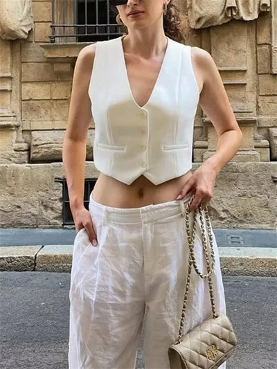 MUJER Women's Vest Black White Cropped Vest Top Women V Neck Sleeveless Vest Woman Fashion Working Summer Suit Vest Short Coats