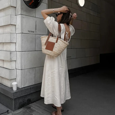 Retro Cotton Linen Women'S Summer Dress Sexy V-Neck Puff Sleeve Long Maxi Birthday Graduation Dresses Beach Sundress Robe Femmes