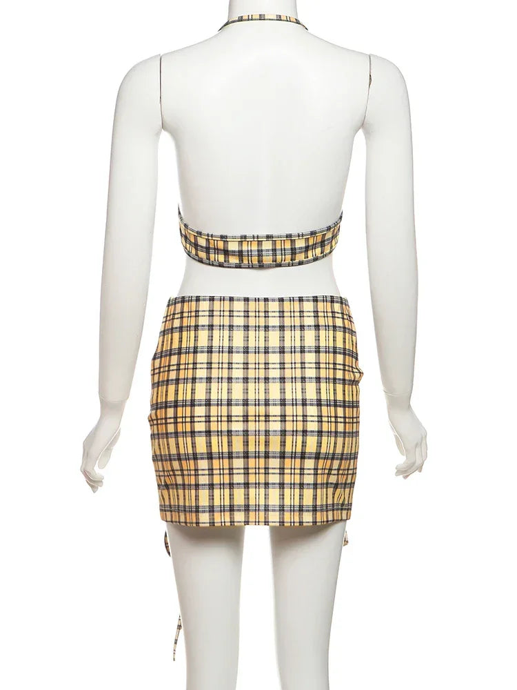 Whatiwear Street Fashion 3 Piece Set Women Polo-Neck Single-Breasted Blouse+Halter Bra+Plaid Print Shirring Skirts Y2K Style Set