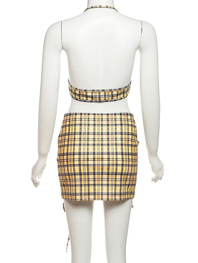 Whatiwear Street Fashion 3 Piece Set Women Polo-Neck Single-Breasted Blouse+Halter Bra+Plaid Print Shirring Skirts Y2K Style Set