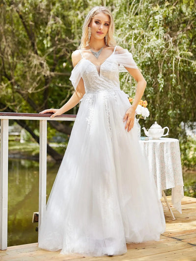 Church Wedding Dress Embroidered Floral Tulle Bridal Gown