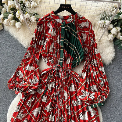 Retro Print Elegant Pleated Lantern Long Sleeve O Neck Single Breasted Dress A-line  Casual High Waist Women Summer Dresses