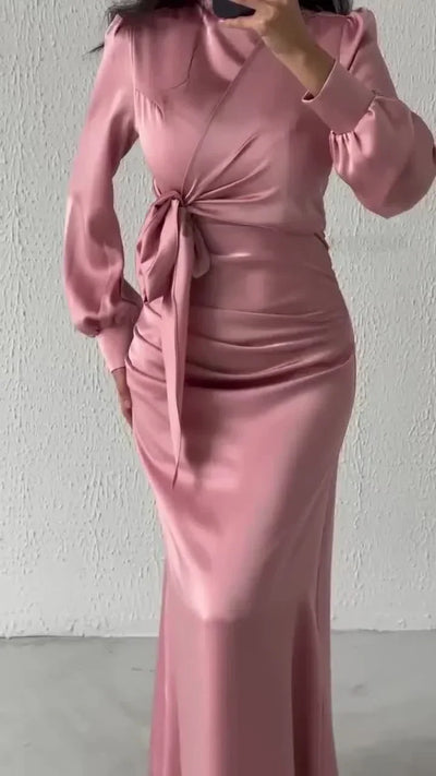 Dresses for Women 2024 Autumn Elegant Fashion Temperament Commuting Long Sleeves Round Neck Skinny Satin Party Evening Dress