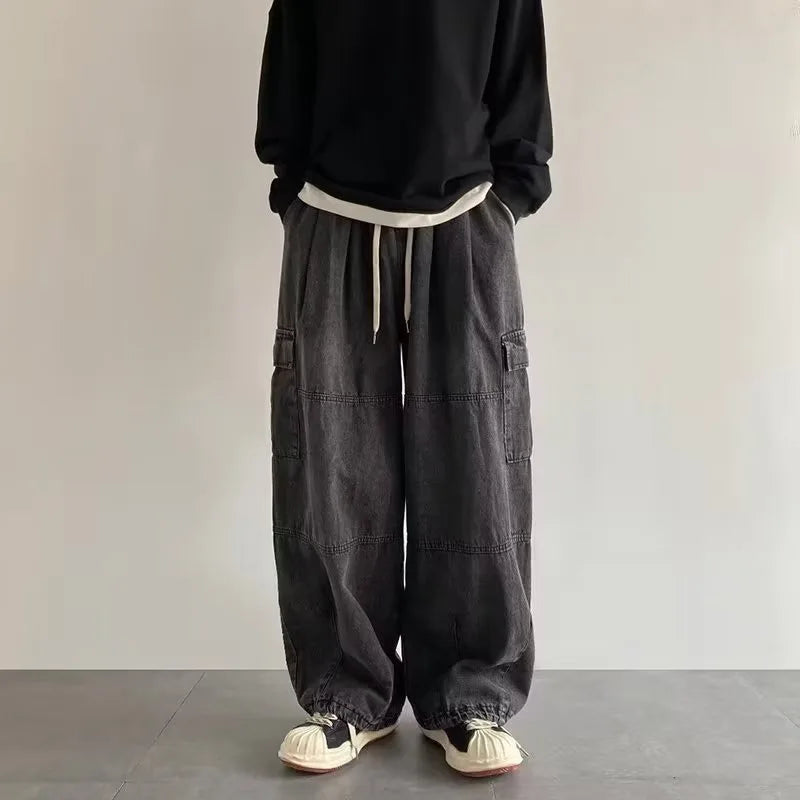 Denim Trousers For Men Adjustable Drawstring Y2k Versatile Baggy Cargo Jeans Men's Hippie Jogging Wide leg Pants Male Streetwear