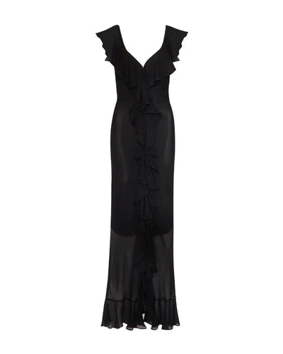 Summer Women Floral Bohemian Dress Elegant Chiffon Sleeveless V Neck Irregualr Slit Long Dress Sexy Slim Ruffle Vacation Dress