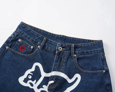 2022 New Summer Denim Shorts For Men Icecream Running Dog Trendy Brand Half Cut Emboridery Logo Unique Punk Mid Waist Jeans