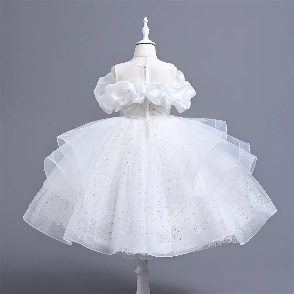New Girl's Wedding Evening Dress Petal Sequin Mesh Sleeveless Dress Birthday Party School Graduation Party Dress