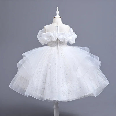 New Girl's Wedding Evening Dress Petal Sequin Mesh Sleeveless Dress Birthday Party School Graduation Party Dress