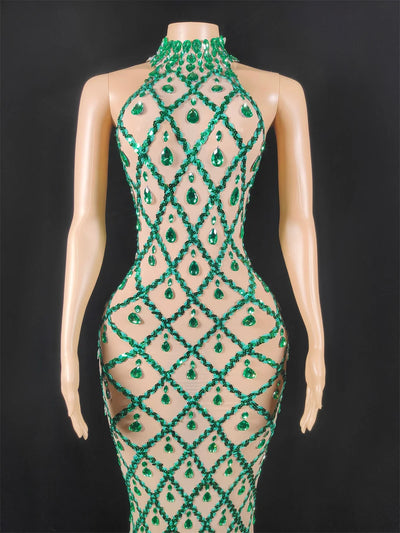 Women Sexy Stage Shining Rhinestone Sequins Dress Evening Prom Birthday Dress Transparent Performance Singer Club Host Dress