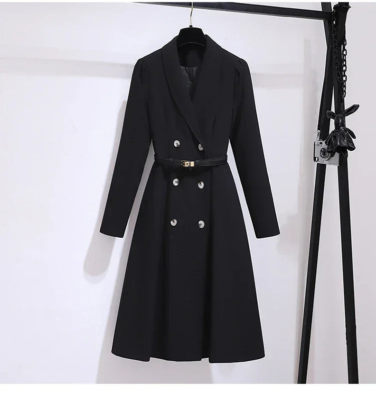 Women's Dress Double Breasted Elegant Dresses for Women 2025 Autumn Off white Dress Belt Knee-Length Solid Fashion Woman Clothes