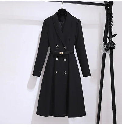 Women's Dress Double Breasted Elegant Dresses for Women 2025 Autumn Off white Dress Belt Knee-Length Solid Fashion Woman Clothes