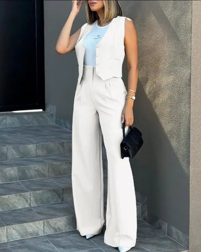 Trousers Suit Women's Vest Trousers Suit Elegant Loose Regular Work Suit High Waist Wide-leg Trousers 2-piece Street Suit