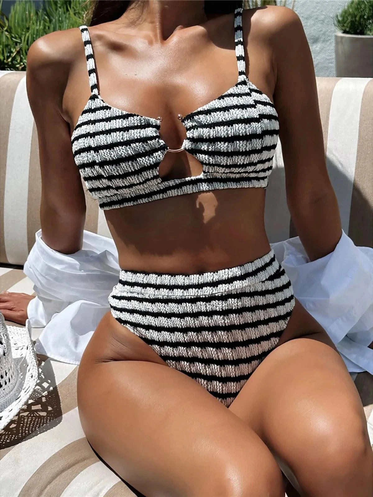 New Black White Striped Cut Out Female Swimsuit High Waist Bikini Women Swimwear Two-pieces Bikini set Bather Bathing Suit V5831