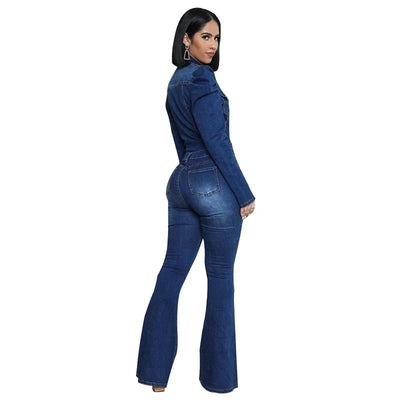 Full Length Overalls Women Jeans Bleached Washed Denim Mid Waist Jumpsuits Single Breasted Sashes Spliced Vintage Casual