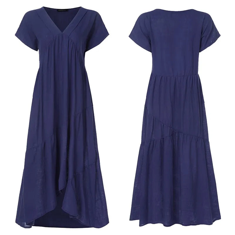 Bohemian Summer Dress for Women V Neck Vestidos Ladies Streetwear Solid Ruffle Dresses Asymmetrical Loose Robe Women Clothing