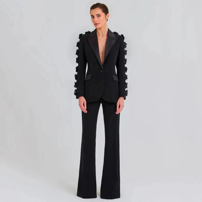 Elegant Women's Black Blazer Suit with 3D Floral Sleeve Embellishments Satin Lapel Slim Fit Two-Piece Set for Formal Party Wear