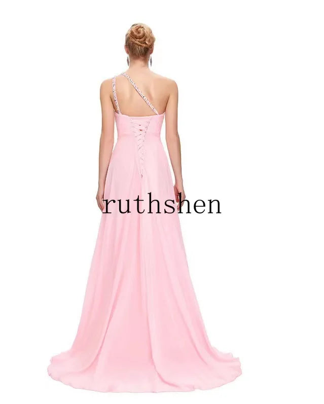 Women Wedding Party Evening Dresses Beaded Chiffon Long One Shoulder Pleat Formal Prom Gowns Vestidos De Fiesta Customized