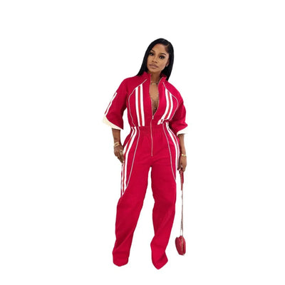 Women Jumpsuits For Spring 3/4 Sleeve Print Stripe Loose Fashion Streetwear Overalls Wide Leg Pants Trousers 2025 Summer