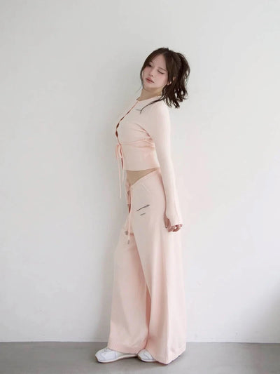2025 Autumn Winter Japanese Style Sweet Slim Fit Knitted Cardigan Top Long Sleeves Wide Leg Casual Pants Set Outfits For Ladies