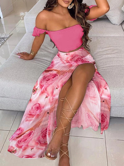 Summer Fashion Sets For Women 2 Pieces Solid Pleated Tops & Floral Print High Waist Midi Skirt Female Chic Lady Long Skirts Set