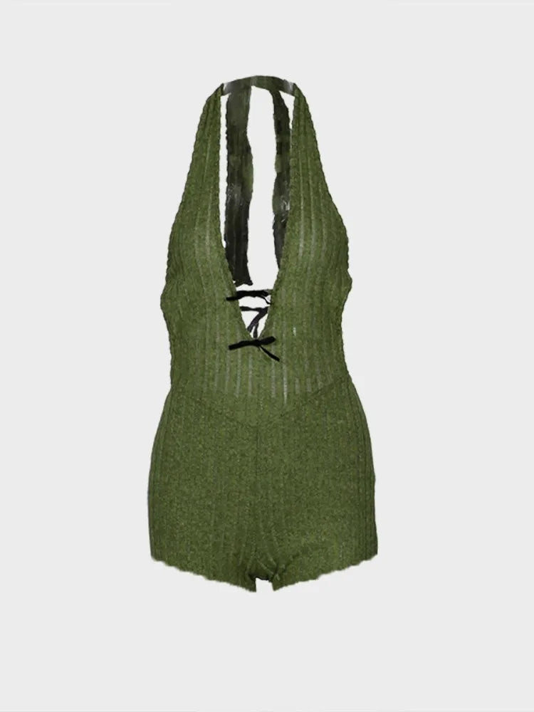 Joskaa Knitted Halter Backless Jumpsuit Women Sexy Deep V-Neck Bow Sleeveless Skinny Overalls 2025 Fitness Sportswear Clubwear