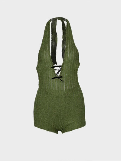 Joskaa Knitted Halter Backless Jumpsuit Women Sexy Deep V-Neck Bow Sleeveless Skinny Overalls 2025 Fitness Sportswear Clubwear