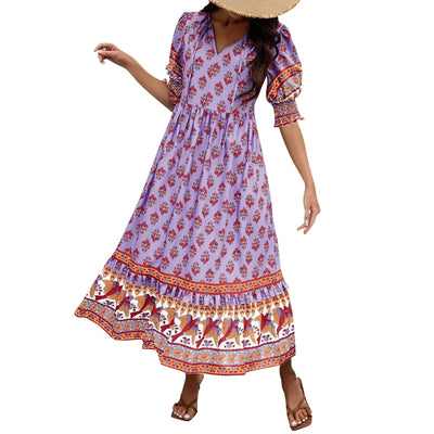 dresses for women Fashion summer Casual long dresses Bohemian V-Neck Printed High Waisted Big Swing Dress vestidos cortos