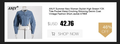 ANJY Autumn New Women Chic Two-Piece Set Studded Diamonds Streetwear Denim Shirt Drawstring Straight Elegant Casual Pants  A9654