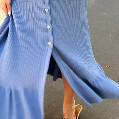 Ruffles Hem Knitted Dress For Women Elegant V Neck Long Sleeve Single Breasted Loose Vestidos Fashion Office Lady Knit Robe