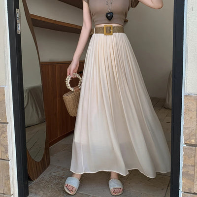 2025 New High Waisted Cotton Linen Pleated Midi Skirt – Summer Flowy A-Line Maxi Skirt for Women, Breathable & Elegant