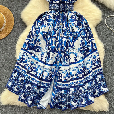 Summer Print Dress Women Sleeveless Elegant High Waist A-line Long Dresses for Women