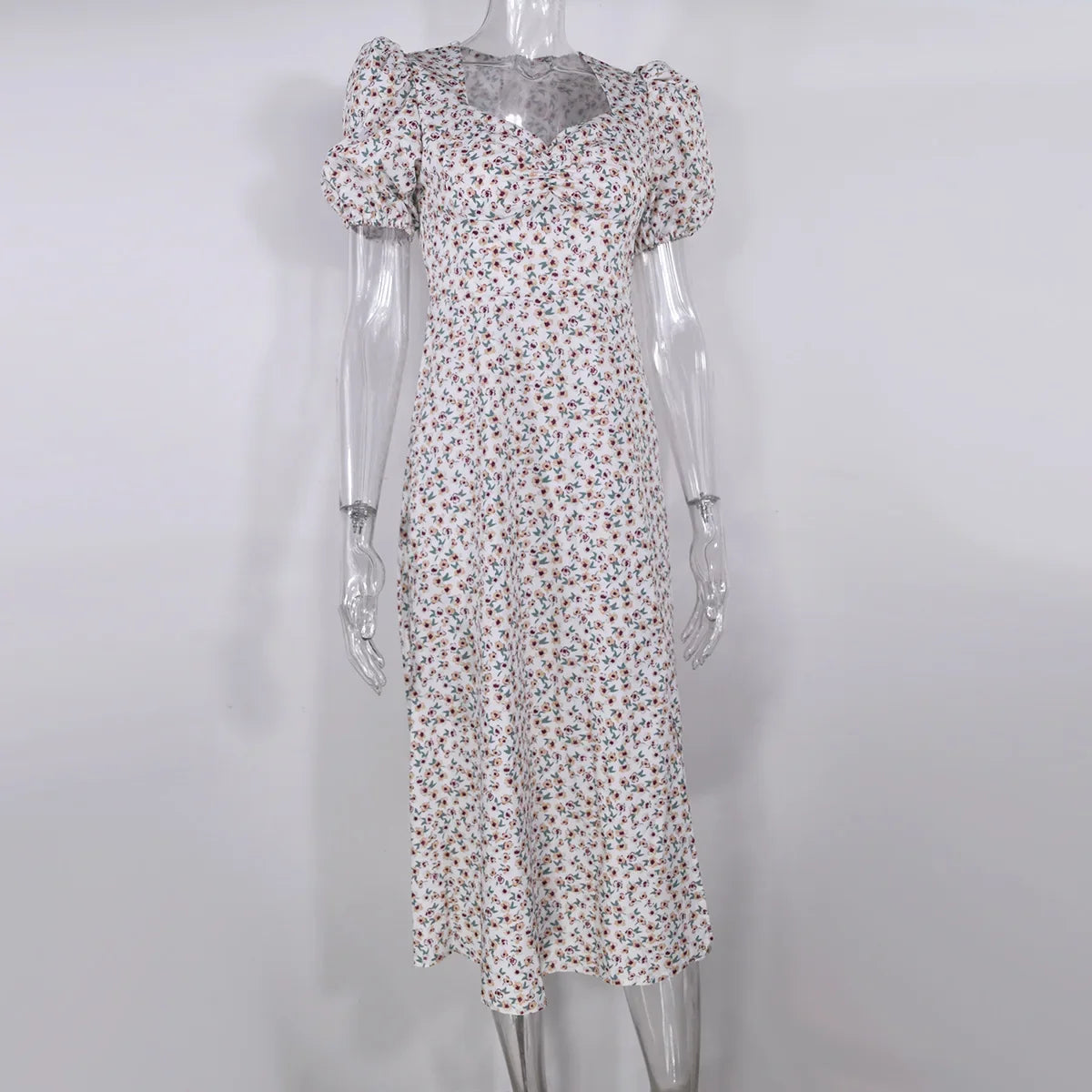 Summer Midi Dress For Women 2025 New Fashion Streetwear Square Neck Puff Sleeve Print Dress Woman Casual Split Dresses Sundress