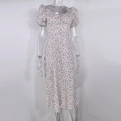 Summer Midi Dress For Women 2025 New Fashion Streetwear Square Neck Puff Sleeve Print Dress Woman Casual Split Dresses Sundress