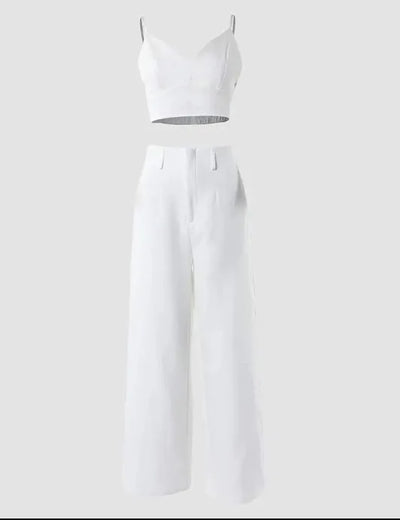 Summer Sexy 2 Piece Set Women V-Neck Strap Shirred Slim Crop Top & Lace-up Wide Leg Pants Sets Elegant Holiday Lady Suit