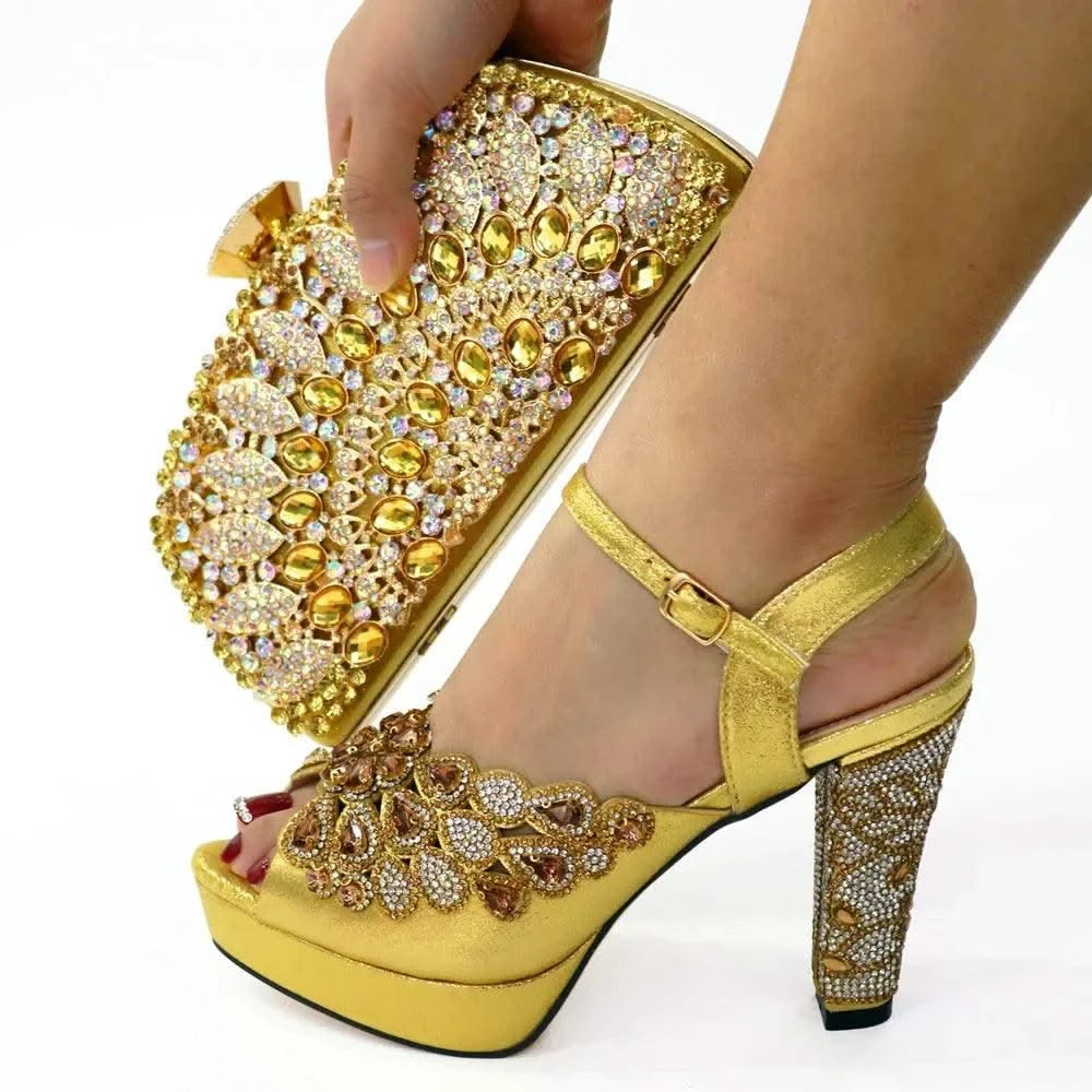 Embroidery Italian Design Pointed-Toe High-heeled Shoes and Bags Set for Women