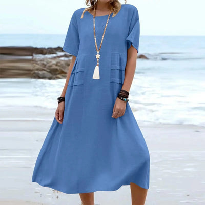 2025 Summer Fashion New Women's Elegant Long Cotton and Hemp Dress Round Neck Vacation Short Sleeve Medium Long Dress
