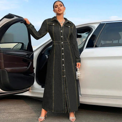 Denim Dress Women Long Dresses Spring Turn Down Collar Elegant Work Splice Vestidos Single Breasted A Line Y2k Tops Streetwear