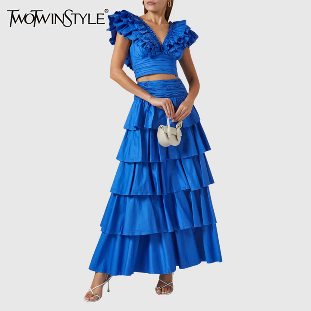 TWOTWINSTYLE Solid Two Piece Sets for Women V Neck Sleevelesss Spliced Folds Top High Waist Elegant Skirts Female Clothing New